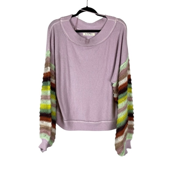 We The Free Lavender Knit Sweater with Multicolor Crochet Sleeves Size M - Picture 1 of 7